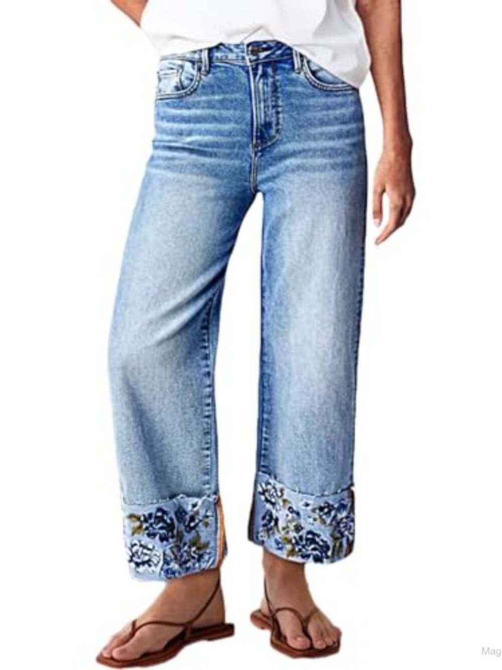 Embroidered Cuffed Crop Jeans Straight Leg Mid Rise Stretch Denim